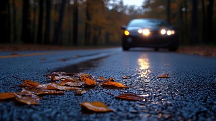Autumnal drive on a wet road. Fallen leaves litter the asphalt, car headlights illuminating the scene