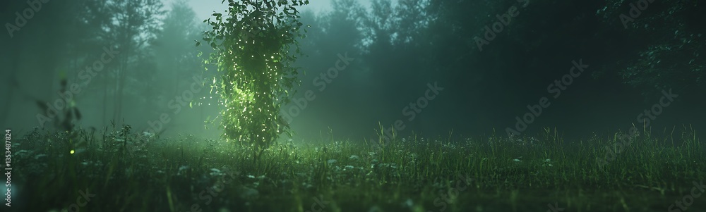 Fototapete Dense forest scene with ethereal light filtering through trees and illuminating grass.