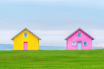 Obraz premium Two colorful houses, one yellow with a blue door and one pink with a light blue door, sit on a vibrant green field under a clear sky.