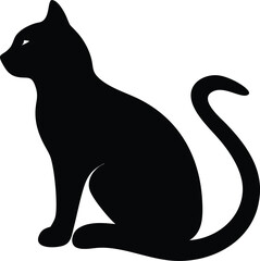 Black cat silhouette sitting gracefully with a curved tail, perfect for Halloween or mystery themes. Vector illustration