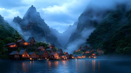 Fototapeta premium Serene Water Village at Dusk Surrounded by Misty Mountains and Nature