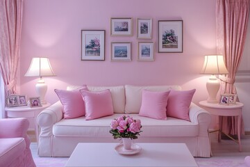 Pink Living Room with Pictures and Cushions