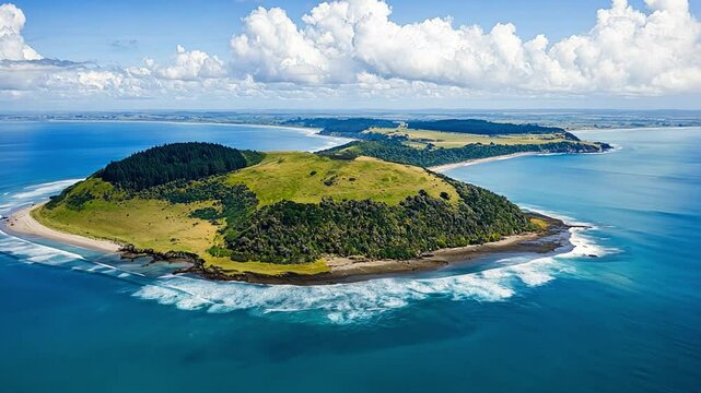 Aerial view of lush green island with rolling hills, surrounded by blue ocean waves and white clouds, showcasing serene coastline landscape.