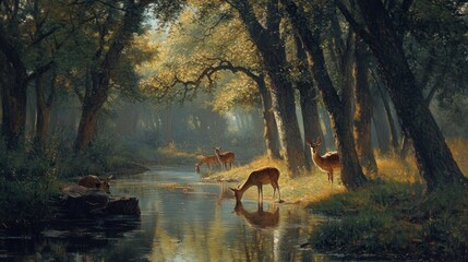 Enchanting forest scene with deer drinking from a tranquil riverbank at dawn