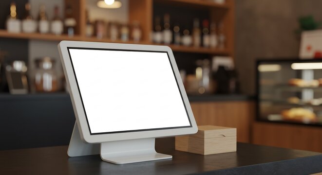Modern Coffee Shop Interior with Blank White POS Display Screen, Wooden Box, and Blurred Background of Shelves and Pastry Display Case