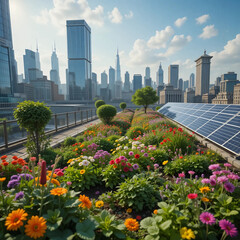 Fototapeta premium Stunning photorealistic image of a blooming rooftop garden in a bustling city, diverse plants, solar panels showing eco-friendly urban living and innovative eco-friendly solutions