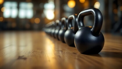 Various kettlebells displayed on a wooden floor, set in a gym environment for fitness and boxing workouts