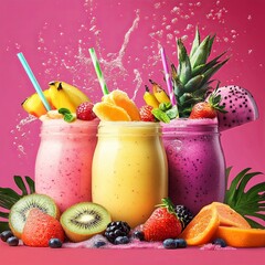 smoothie bar flyer highlighting creative fruit blends and fun, tropical vibes