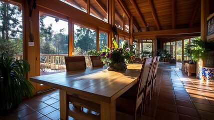 Fototapeta premium Interior Design of a Wooden Dining Room with Nature View and Tropical Flowers