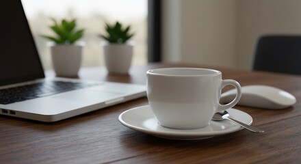 Fototapeta premium Modern minimalist workspace with laptop, coffee cup, saucer, spoon, mouse, and succulent plants on wooden desk near window