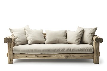 Obraz premium Rustic wooden couch with beige cushions isolated on a white background for interior design and furniture use