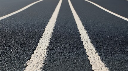 A straight road with freshly painted white lane markings stretching into the distance. The textured asphalt surface contrasts with the crisp lines, creating a sense of depth and movement.

