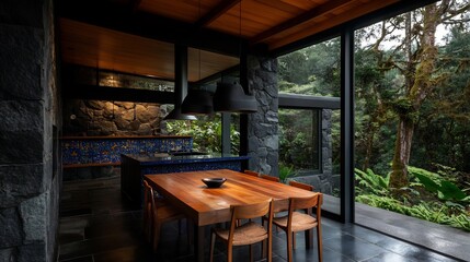 Fototapeta premium Elevated kitchen and dining space seamlessly integrating with lush nature views
