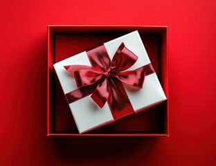 Opened empty gift box with sleek white lid and red ribbon on vibrant red background 3D illustration