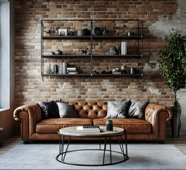 Cozy Industrial Space with Brown Brick Wall and Metal Shelving