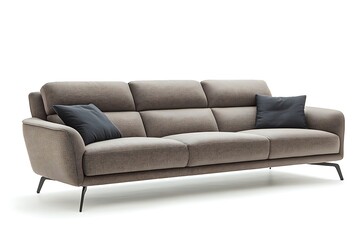 Fototapeta premium Modern sofa with pillows isolated on white background, for home decor, furniture design, product photography