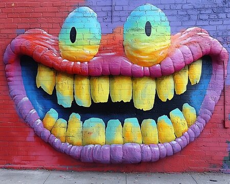 Colorful wall mural depicting a smiling face with prominent teeth and eyes - Powered by Adobe
