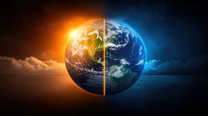 Fototapeta premium A stunning visualization of Earth divided between day and night, showcasing vibrant colors and contrasting light and shadow, climate activist.