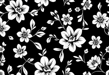 Elegant minimalist black and white floral seamless pattern , fabric, black
