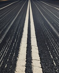 A straight road with freshly painted white lane markings stretching into the distance. The textured asphalt surface contrasts with the crisp lines, creating a sense of depth and movement.

