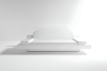 Obraz premium Minimalist white sofa with modern design in bright studio space, for product presentation, advertising