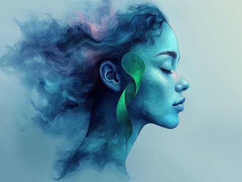 Mental Health Awareness Month Poster Illustration with Human Profiles and Emotions in Blue and Green