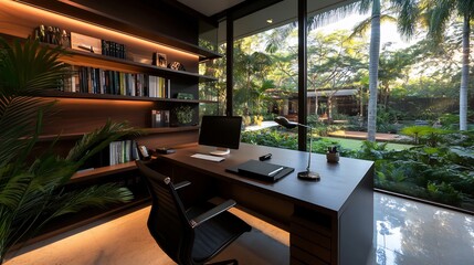Modern home office with garden view featuring natural light and wooden accents
