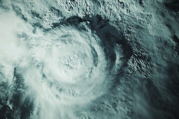 Obraz premium Aerial view of a powerful cyclone swirling over the ocean. Dramatic weather phenomenon captured from above, showcasing the storm's intense energy and chaotic beauty.