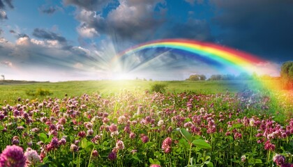 Naklejka premium magical clover field with rainbow light