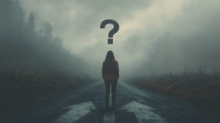 Individual standing on a road with a large question mark signifying the journey of life and important decisions to make