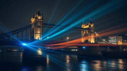 Obraz premium Tower Bridge illuminated at night with light beams.