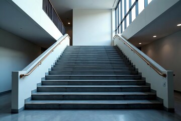 Empty staircase in urban office building with minimalist design and metal handrails, industry, structure, architecture