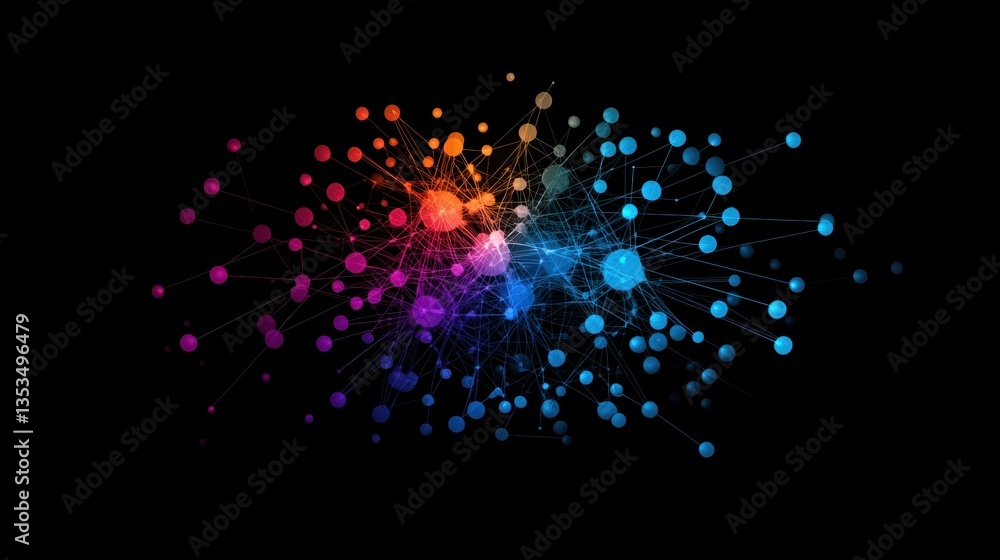 Poster networking digital connection colorful nodes connected by thin lines, forming a dynamic network, dar