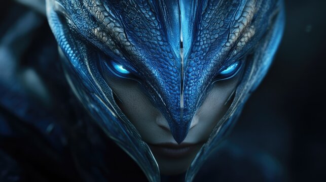 Intense, stylized female character with a striking blue helmet and glowing eyes