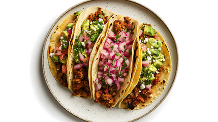Top down view of a plate featuring three tacos with toppings in Los Angeles style cuisine