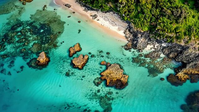Aerial View of Tropical Beach Explore Serene Landscape of Clear Turquoise Water, Rocky Formations, and Lush Greenery on this Nature Island Coast Adventure.
