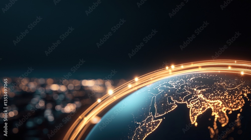 Poster global network world map with dynamic light trails connecting countries, dark background, representi
