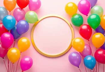 Flat golden circle on pastel background with colorful balloons, graphic, flat lay