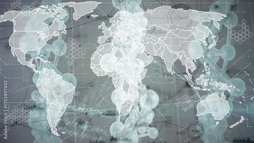 Poster animation of world map with molecular structures and scientific data in school