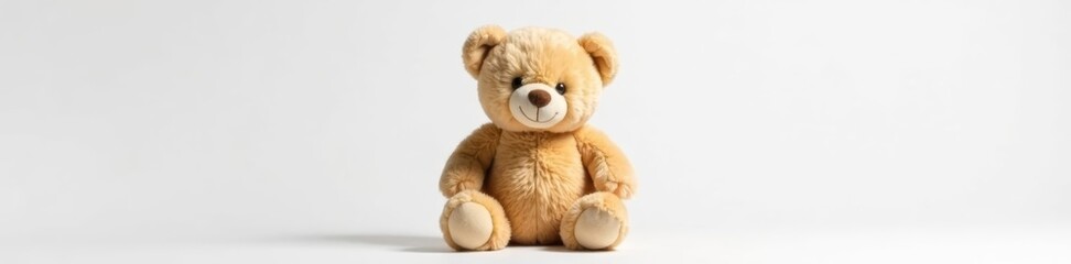 Obraz premium Fluffy brown teddy bear sitting alone on white background, toy, innocence, childhood