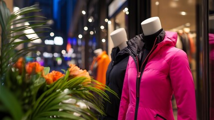 Naklejka premium Vibrant winter collection displayed in a modern retail storefront at night
