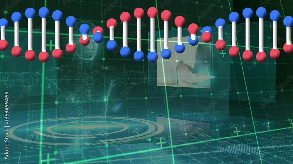 Poster scientific data processing, dna strand and binary coding in animation sequence
