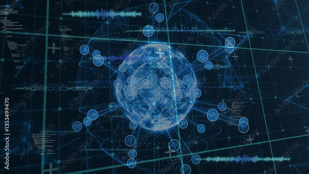 Poster animation of digital globe with interconnected nodes and data graphs in interface