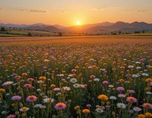 Obraz premium Vibrant Wildflower Meadow at Sunset Stunning Landscape of Colorful Flowers and Rolling Hills