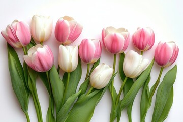 Obraz premium Minimalistic arrangement of pink and white tulips on a clean white background