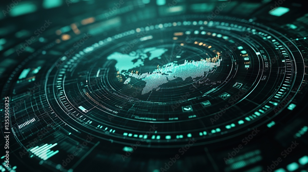 Poster global data visualization interface with world map, charts, and technological elements