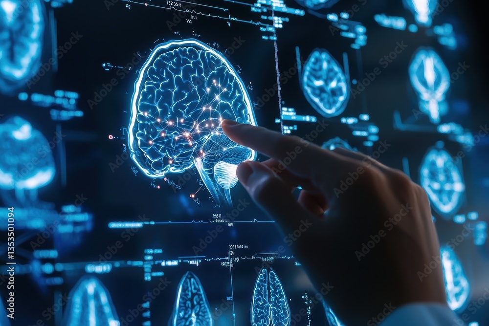 Poster researcher interacts with digital display showcasing brain scans and neural connections, highlightin