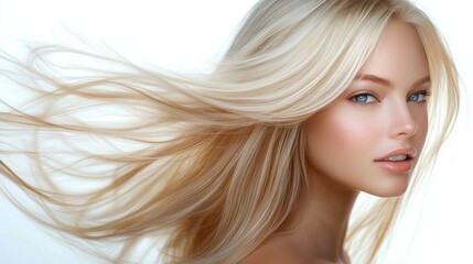 Naklejka premium Elegant beauty portrait of a woman with long blonde hair in profile with smooth silky locks