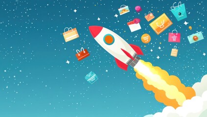 Naklejka premium Rocket launch with shopping bags, online shopping, space background