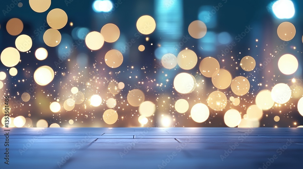 Poster bokeh and light particle blurred bokeh lights of a city skyline at night, creating a sense of urban 